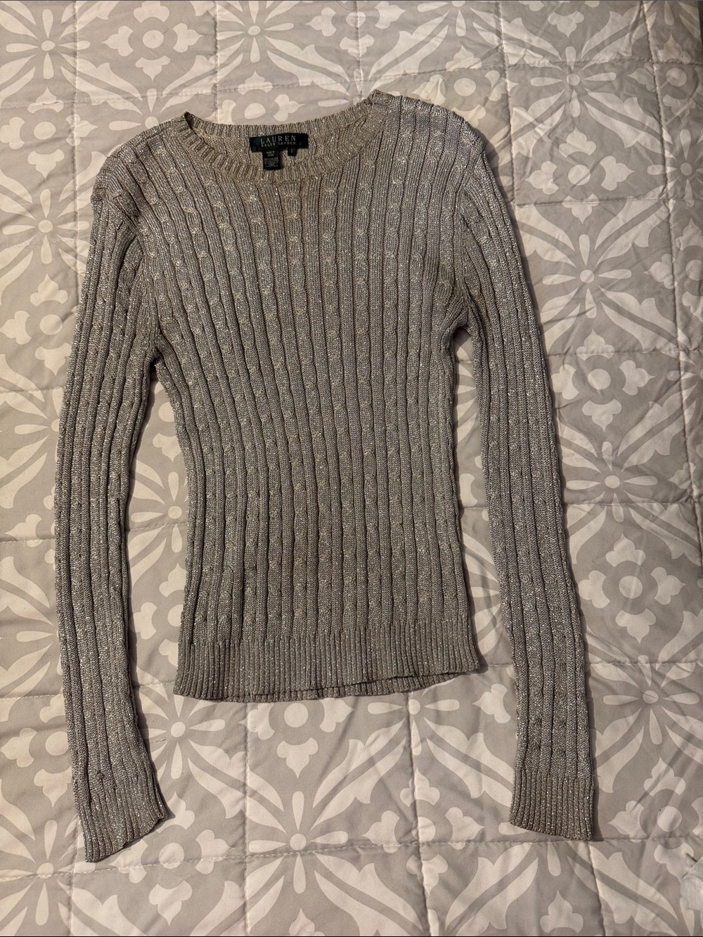Lauren Ralph Lauren Metallic Gray Ribbed Crewneck Sweater